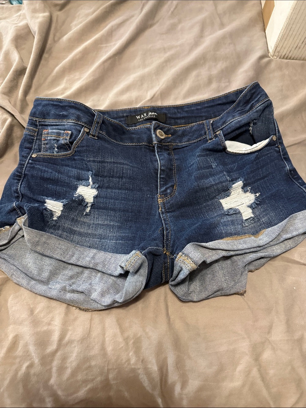 Wax Jean Dark Blue Distressed Rolled-Hem Women's Denim Shorts